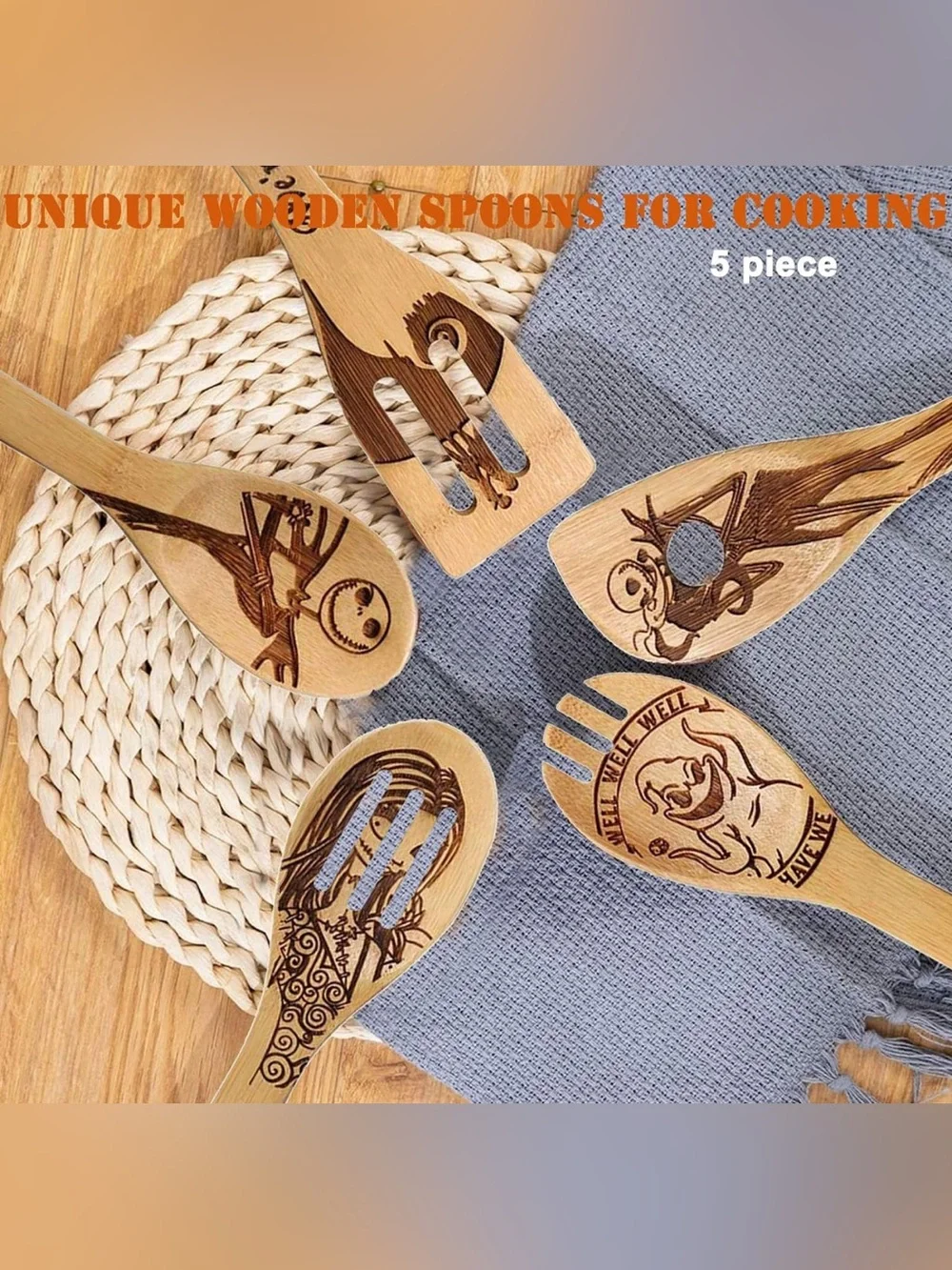 Nightmare Before Christmas Bamboo Kitchen Utensil Set with Engraved Designs